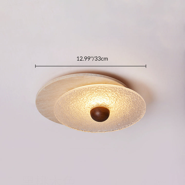 Traditional Vintage Travertine Wood Glass Stacked Round LED Flush Mount Ceiling Light For Bedroom