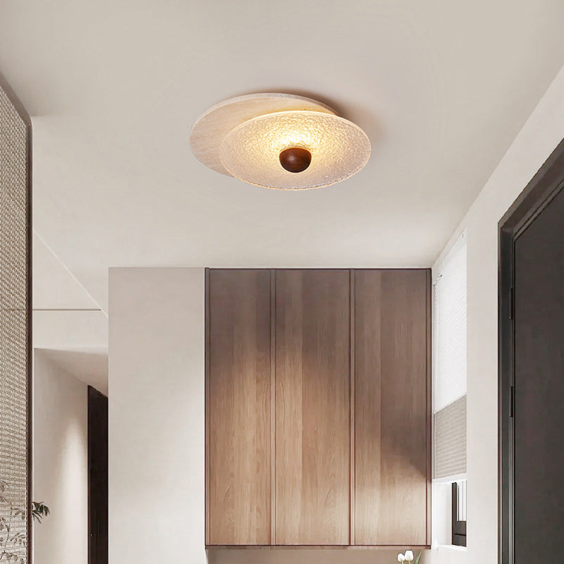 Traditional Vintage Travertine Wood Glass Stacked Round LED Flush Mount Ceiling Light For Bedroom