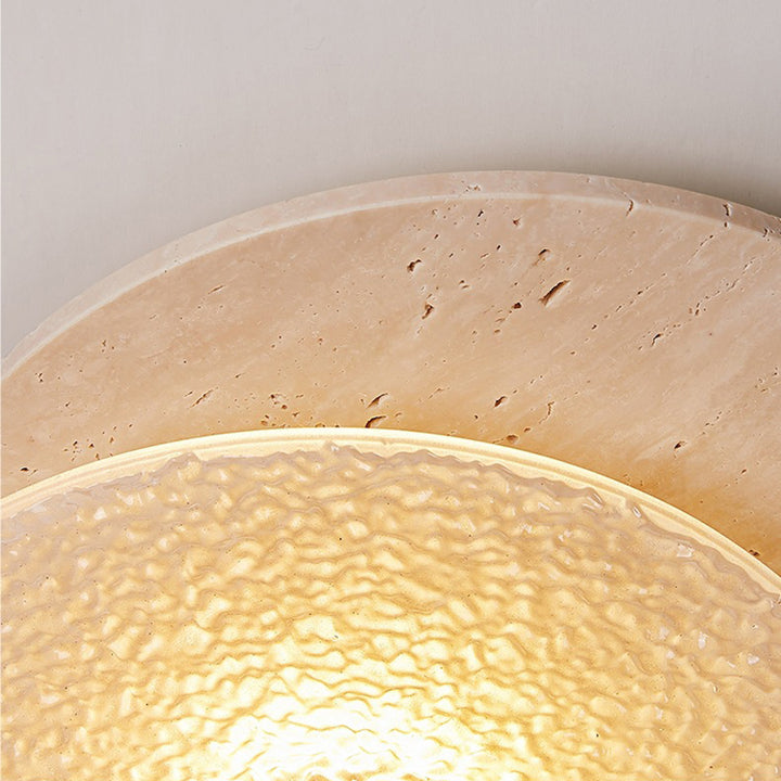 Traditional Vintage Travertine Wood Glass Stacked Round LED Flush Mount Ceiling Light For Bedroom