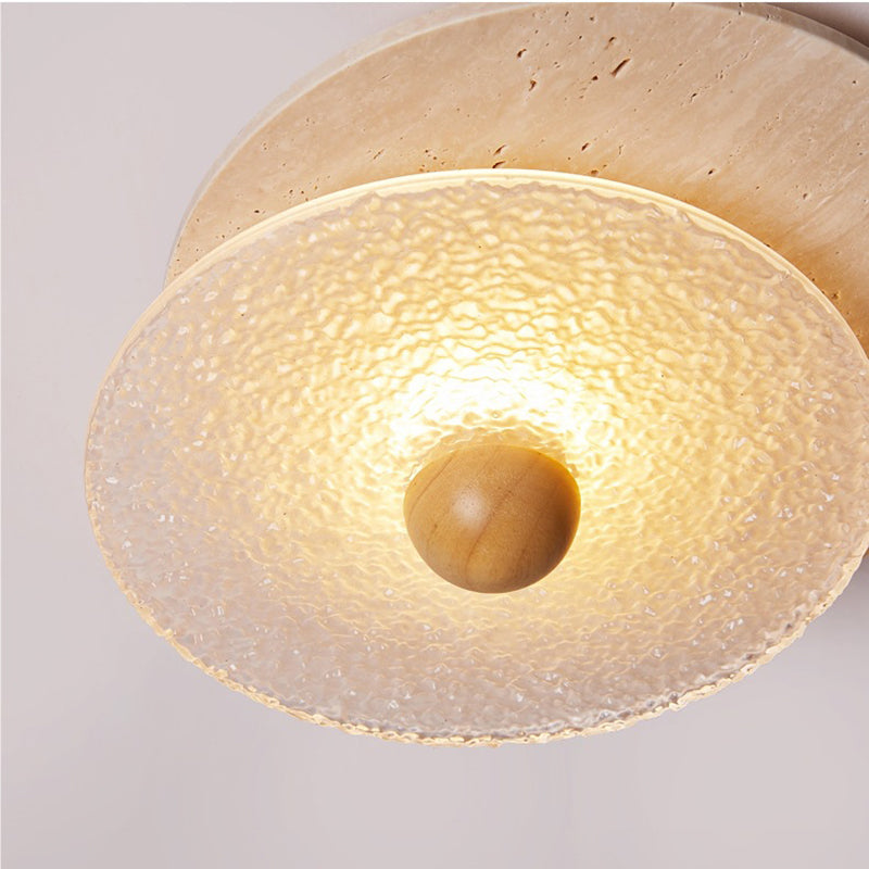 Traditional Vintage Travertine Wood Glass Stacked Round LED Flush Mount Ceiling Light For Bedroom
