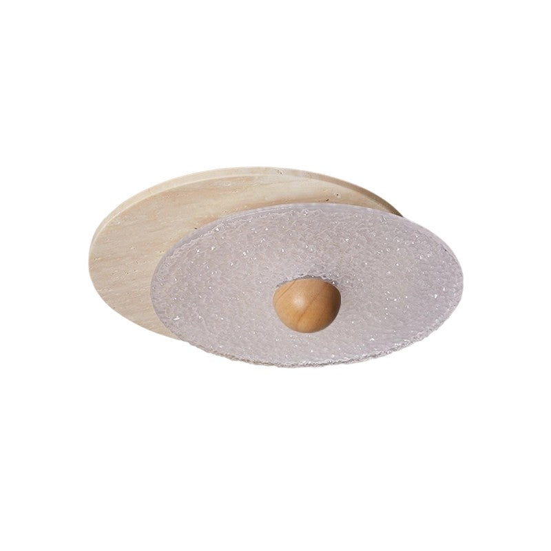 Traditional Vintage Travertine Wood Glass Stacked Round LED Flush Mount Ceiling Light For Bedroom