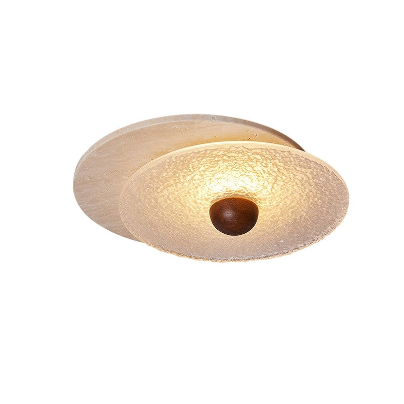 Traditional Vintage Travertine Wood Glass Stacked Round LED Flush Mount Ceiling Light For Bedroom