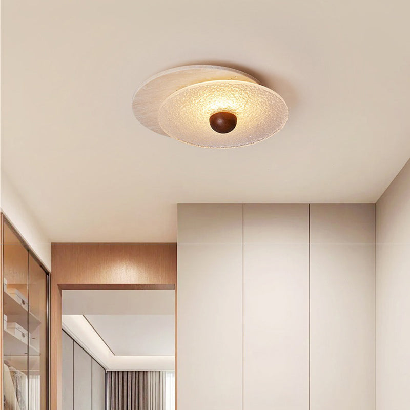 Traditional Vintage Travertine Wood Glass Stacked Round LED Flush Mount Ceiling Light For Bedroom