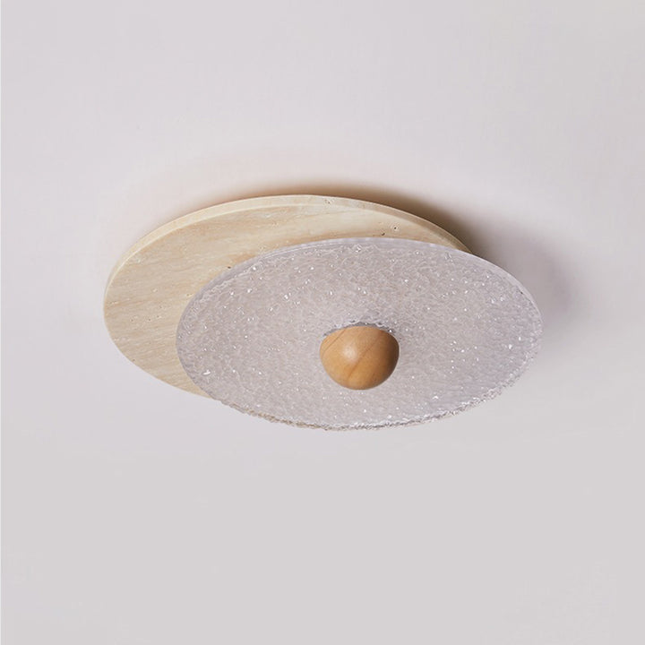 Traditional Vintage Travertine Wood Glass Stacked Round LED Flush Mount Ceiling Light For Bedroom