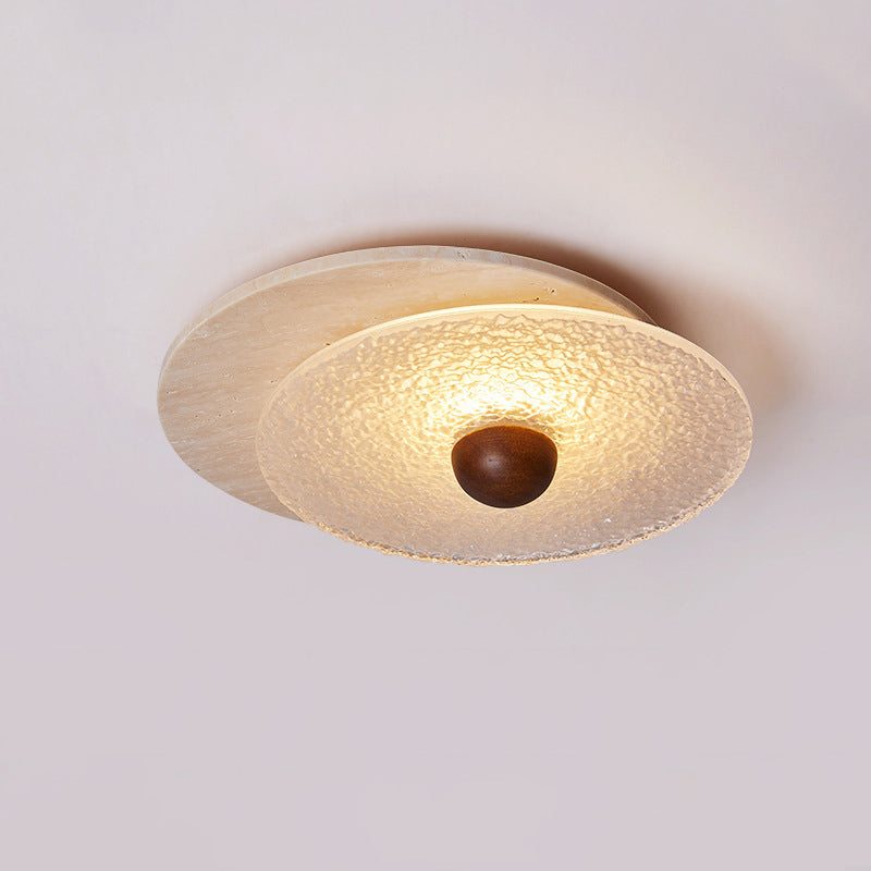 Traditional Vintage Travertine Wood Glass Stacked Round LED Flush Mount Ceiling Light For Bedroom