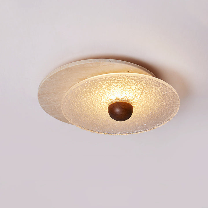 Traditional Vintage Travertine Wood Glass Stacked Round LED Flush Mount Ceiling Light For Bedroom