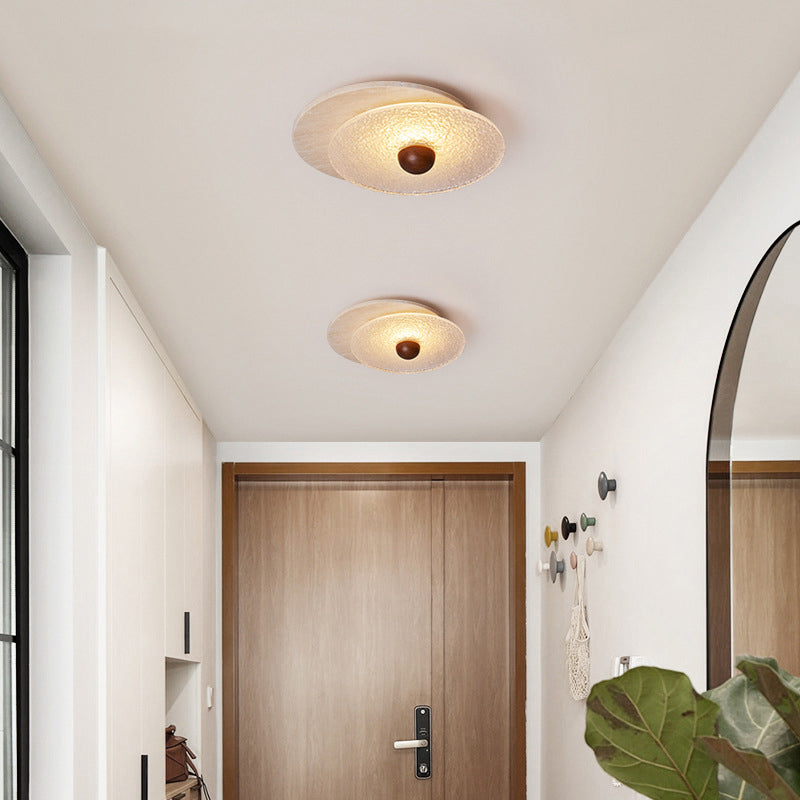 Traditional Vintage Travertine Wood Glass Stacked Round LED Flush Mount Ceiling Light For Bedroom