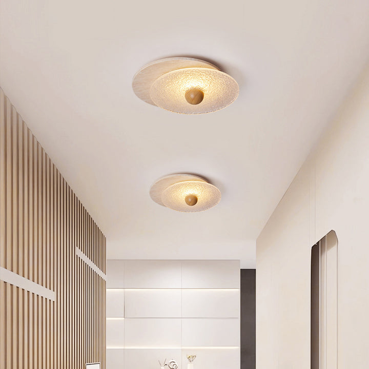 Traditional Vintage Travertine Wood Glass Stacked Round LED Flush Mount Ceiling Light For Bedroom