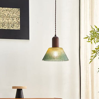 Traditionelle japanische Glas-Holz-zylindrische konische 1-Licht-Pendelleuchte für Wohnzimmer 