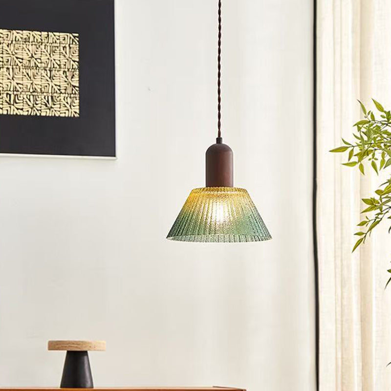 Traditionelle japanische Glas-Holz-zylindrische konische 1-Licht-Pendelleuchte für Wohnzimmer 