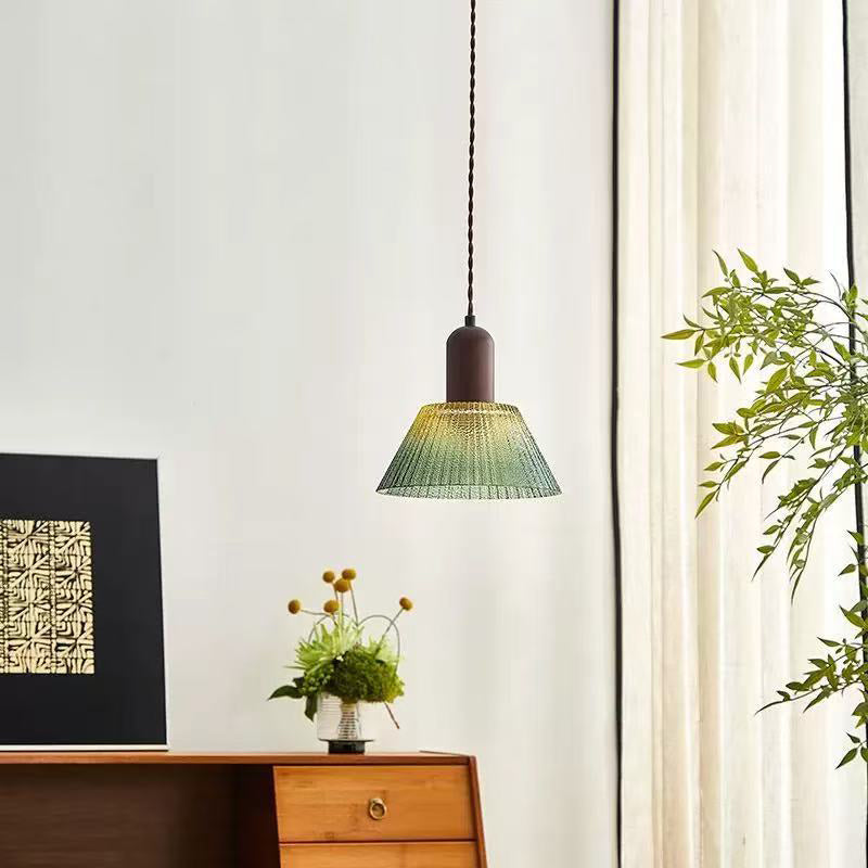 Traditionelle japanische Glas-Holz-zylindrische konische 1-Licht-Pendelleuchte für Wohnzimmer 