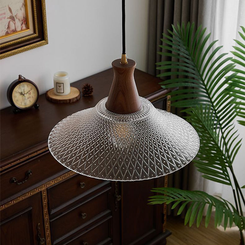 Traditional Chinese Glass Walnut Brass Flared Round 1-Light Pendant Light For Bedroom