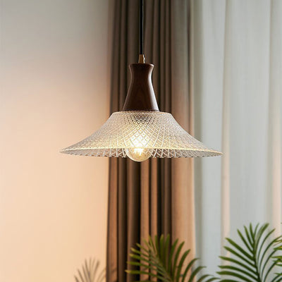 Traditional Chinese Glass Walnut Brass Flared Round 1-Light Pendant Light For Bedroom