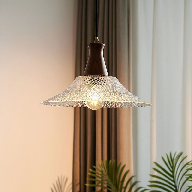 Traditional Chinese Glass Walnut Brass Flared Round 1-Light Pendant Light For Bedroom