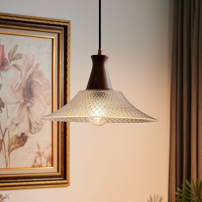 Traditional Chinese Glass Walnut Brass Flared Round 1-Light Pendant Light For Bedroom