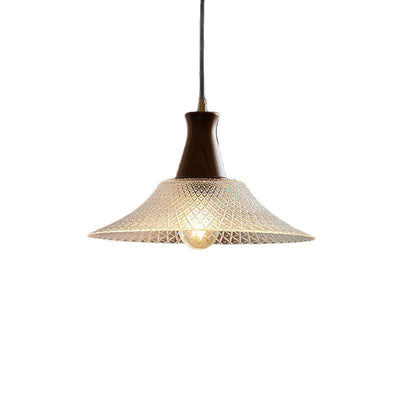 Traditional Chinese Glass Walnut Brass Flared Round 1-Light Pendant Light For Bedroom