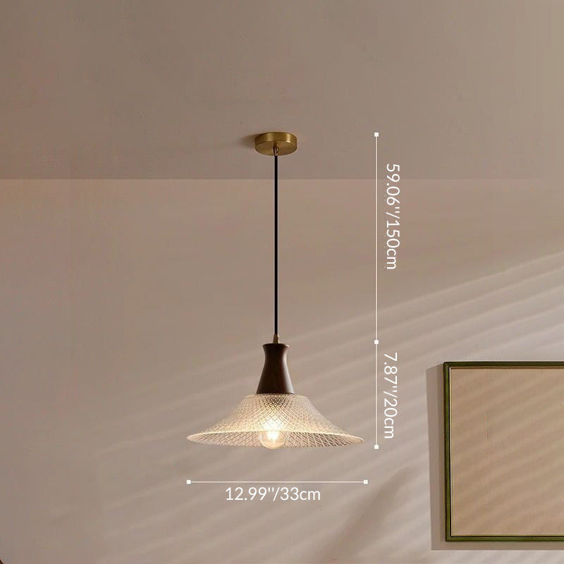 Traditional Chinese Glass Walnut Brass Flared Round 1-Light Pendant Light For Bedroom