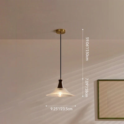 Traditional Chinese Glass Walnut Brass Flared Round 1-Light Pendant Light For Bedroom