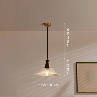 Traditional Chinese Glass Walnut Brass Flared Round 1-Light Pendant Light For Bedroom