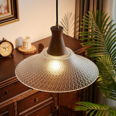 Traditional Chinese Glass Walnut Brass Flared Round 1-Light Pendant Light For Bedroom