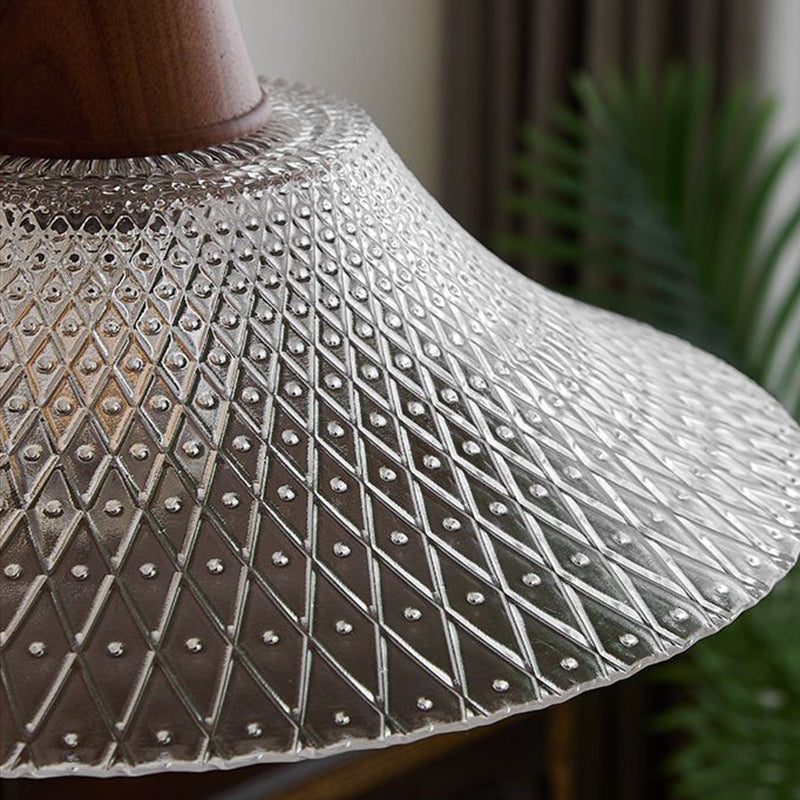Traditional Chinese Glass Walnut Brass Flared Round 1-Light Pendant Light For Bedroom