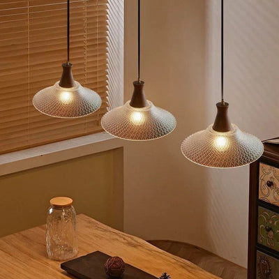 Traditional Chinese Glass Walnut Brass Flared Round 1-Light Pendant Light For Bedroom