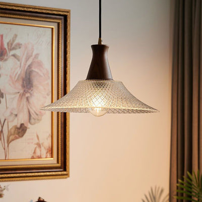 Traditional Chinese Glass Walnut Brass Flared Round 1-Light Pendant Light For Bedroom