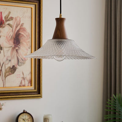 Traditional Chinese Glass Walnut Brass Flared Round 1-Light Pendant Light For Bedroom