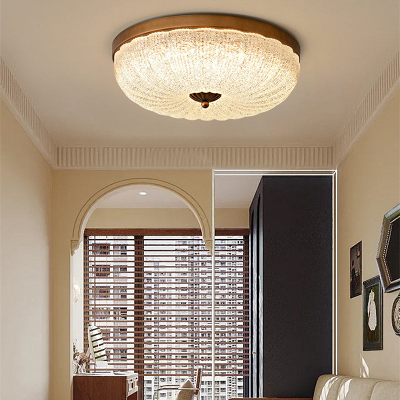 Traditional Chinese Glass Iron Wavy Semi-Round LED Flush Mount Ceiling Light For Bedroom