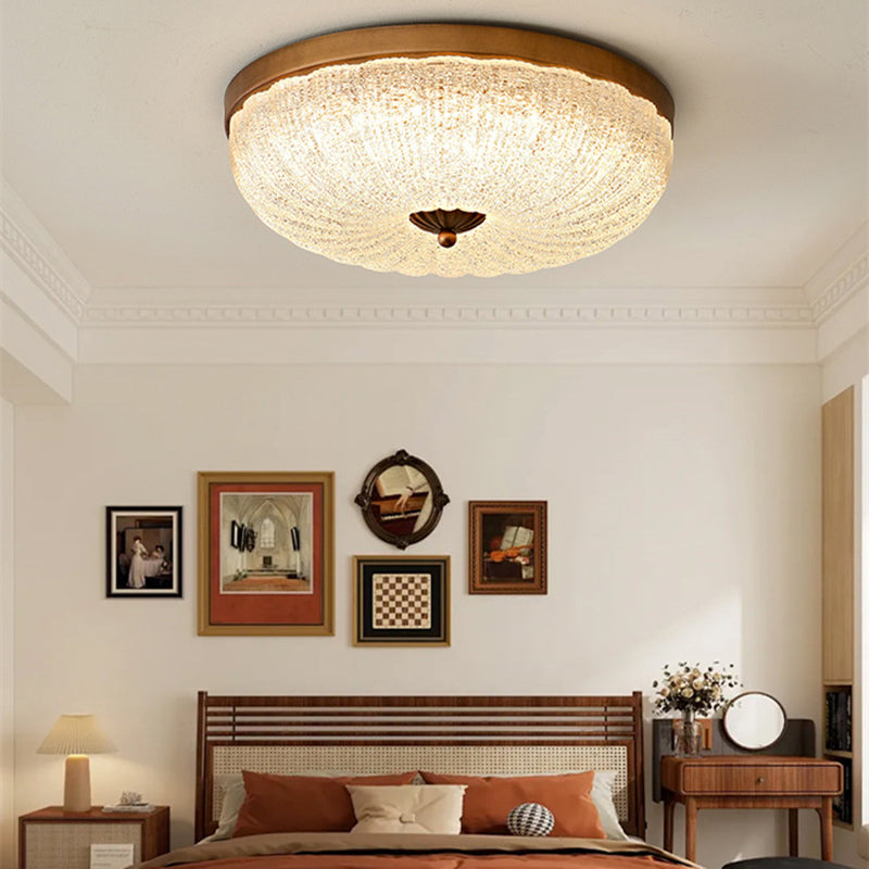Traditional Chinese Glass Iron Wavy Semi-Round LED Flush Mount Ceiling Light For Bedroom