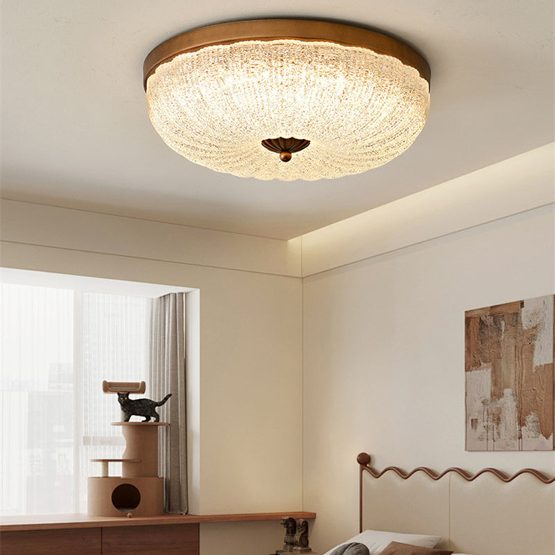 Traditional Chinese Glass Iron Wavy Semi-Round LED Flush Mount Ceiling Light For Bedroom