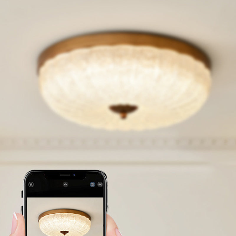 Traditional Chinese Glass Iron Wavy Semi-Round LED Flush Mount Ceiling Light For Bedroom