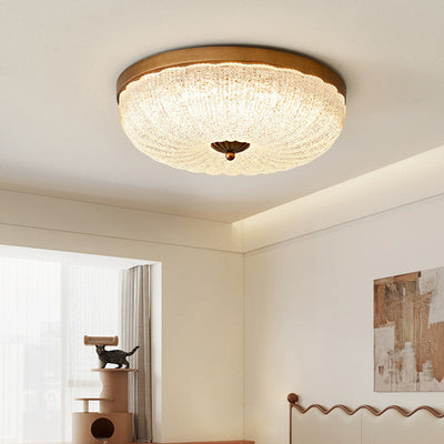 Traditional Chinese Glass Iron Wavy Semi-Round LED Flush Mount Ceiling Light For Bedroom
