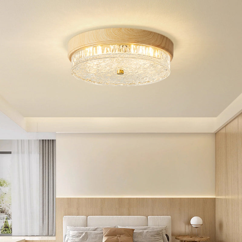 Traditional Chinese Metal Glass Ripple Round LED Flush Mount Ceiling Light For Bedroom