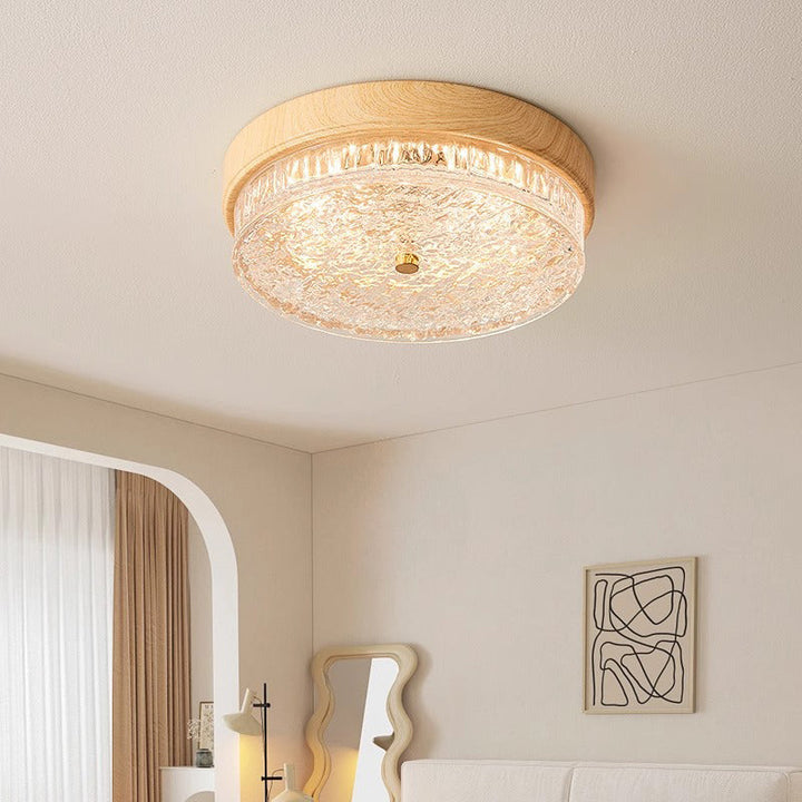 Plafonnier LED rond en métal et verre ondulé chinois traditionnel pour chambre 