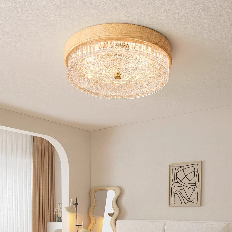 Traditional Chinese Metal Glass Ripple Round LED Flush Mount Ceiling Light For Bedroom