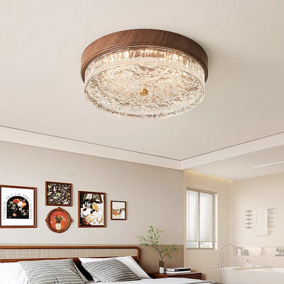 Traditional Chinese Metal Glass Ripple Round LED Flush Mount Ceiling Light For Bedroom