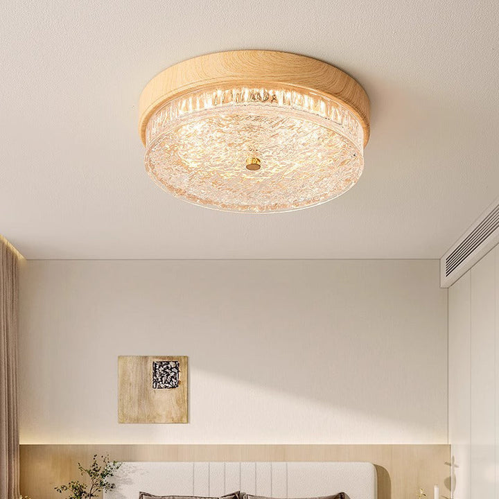 Plafonnier LED rond en métal et verre ondulé chinois traditionnel pour chambre 