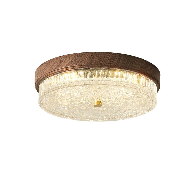 Traditional Chinese Metal Glass Ripple Round LED Flush Mount Ceiling Light For Bedroom