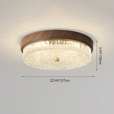 Traditional Chinese Metal Glass Ripple Round LED Flush Mount Ceiling Light For Bedroom