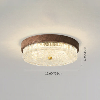 Traditional Chinese Metal Glass Ripple Round LED Flush Mount Ceiling Light For Bedroom