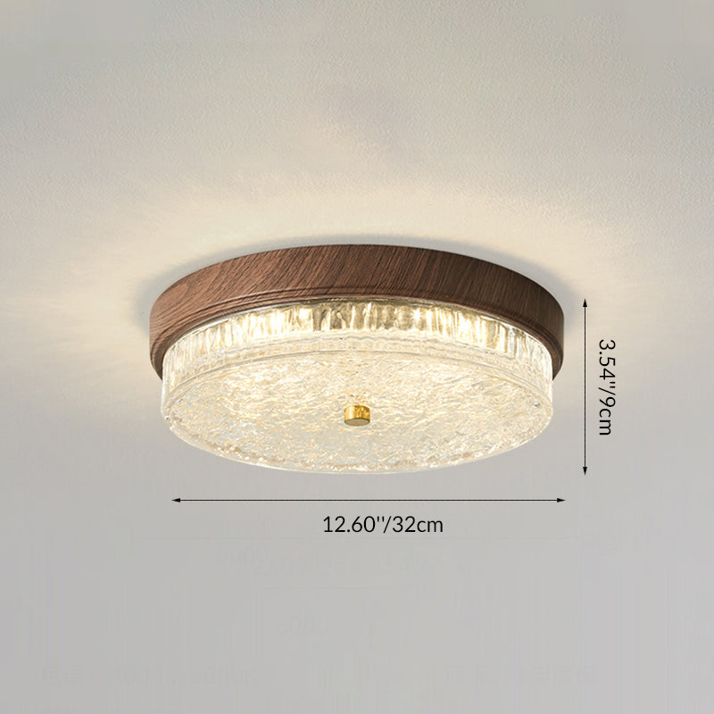Traditional Chinese Metal Glass Ripple Round LED Flush Mount Ceiling Light For Bedroom