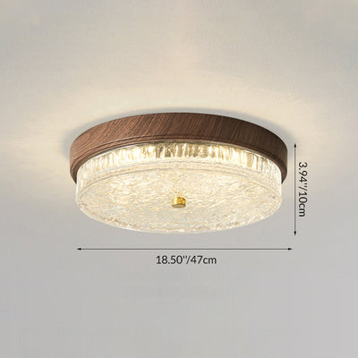 Traditional Chinese Metal Glass Ripple Round LED Flush Mount Ceiling Light For Bedroom