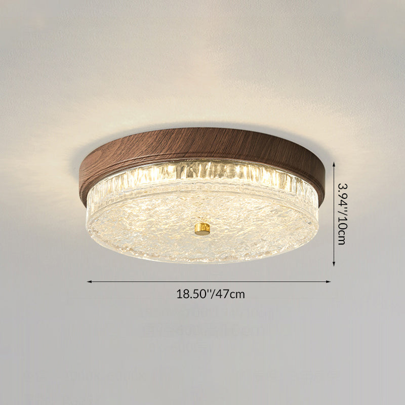 Traditional Chinese Metal Glass Ripple Round LED Flush Mount Ceiling Light For Bedroom