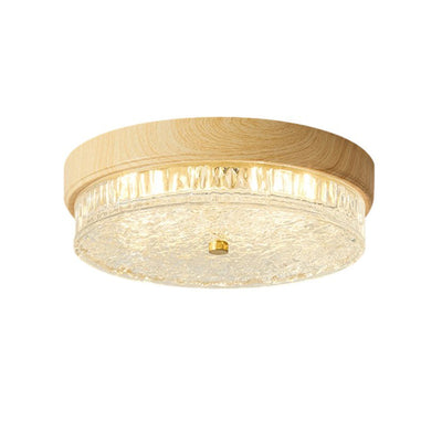 Traditional Chinese Metal Glass Ripple Round LED Flush Mount Ceiling Light For Bedroom