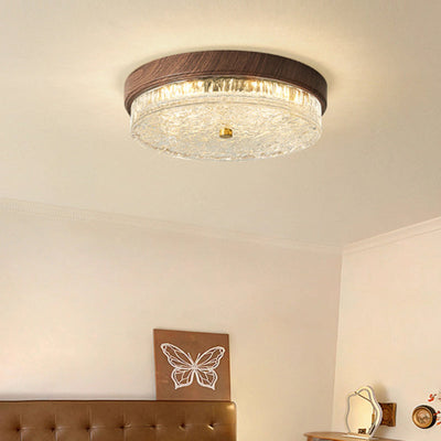 Traditional Chinese Metal Glass Ripple Round LED Flush Mount Ceiling Light For Bedroom
