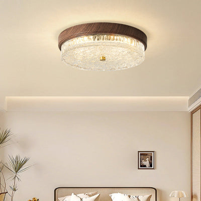 Traditional Chinese Metal Glass Ripple Round LED Flush Mount Ceiling Light For Bedroom