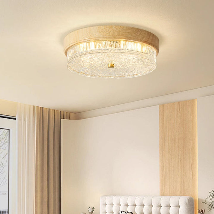 Plafonnier LED rond en métal et verre ondulé chinois traditionnel pour chambre 