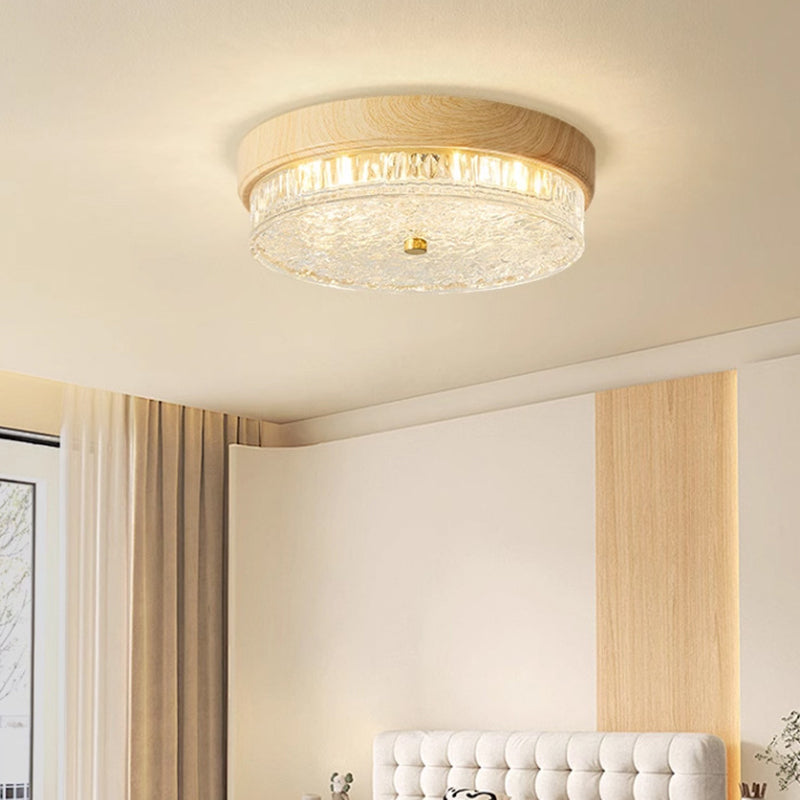 Traditional Chinese Metal Glass Ripple Round LED Flush Mount Ceiling Light For Bedroom