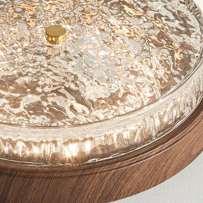 Traditional Chinese Metal Glass Ripple Round LED Flush Mount Ceiling Light For Bedroom